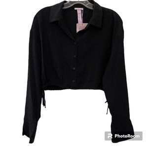 Rihanna Savage Fenty Black Lingerie Sleep Crop Shirt With Drawstrings Si…